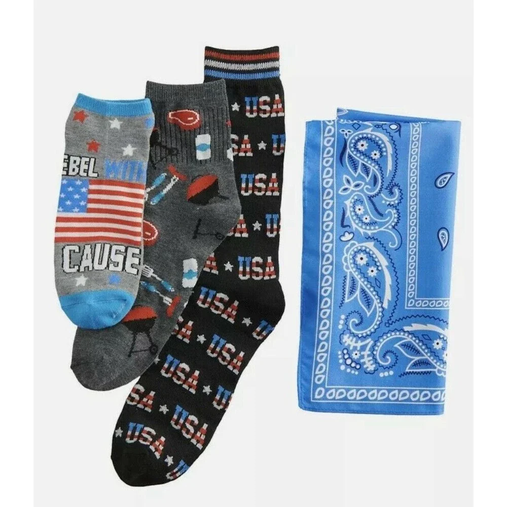 Men's 3 Pair American Proud Theme Socks  With Blue Bandanna size  10-13  by HYP
